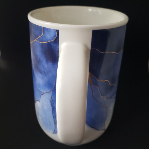 New Abstract Coffee Tea Water Mug Blue Watercolor Print W/ Gold Ceramic 16 oz - Picture 9 of 11